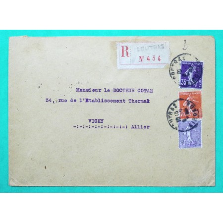 N°142 + 195 + 200 SEMEUSE RECOMMANDE DOUBLE PORT COUTRAS GIRONDE POUR VICHY ALLIER 1926