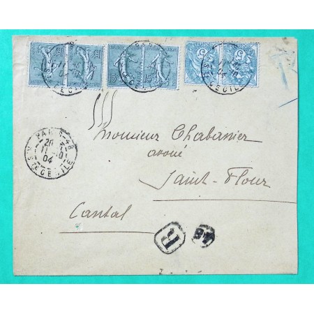 N°111 x2 + 130 x4 BLANC SEMEUSE RECOMMANDE PARIS POUR ST FLOUR CANTAL 1904