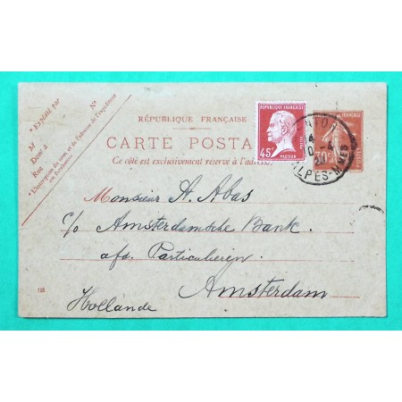 ENTIER SEMEUSE 30C ROUGE + N°175 PASTEUR CARTE POSTALE TARIF 75C MENTON POUR AMSTERDAM HOLLANDE 19256