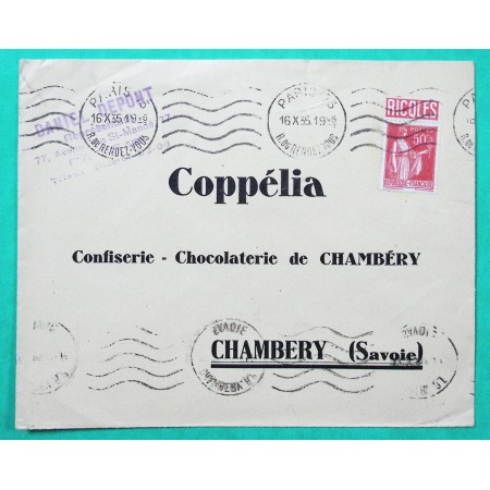 N°283 PAIX BANDE PUBLICITAIRE RIQLES PARIS POUR COPPELIA CHOCOLATERIE CHAMBERY SAVOIE 1935