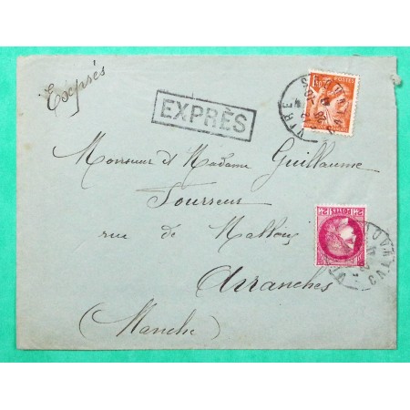 N°373 + 435 CERES IRIS LETTRE EXPRES VIRE CALVADOS POUR AVRANCHES MANCHE 1941