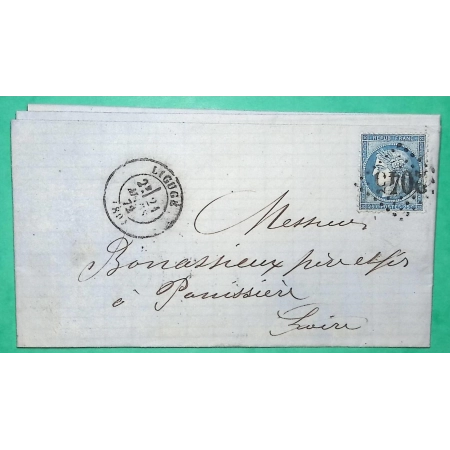 N°60A GC 2045 LIGUGE VIENNE POUR PANISSIERES LOIRE 1872 LETTRE COVER FRANCE