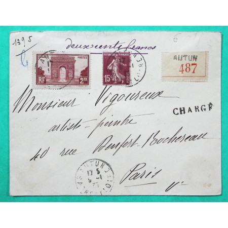 N°189 + 258 SEMEUSE ARC DE TRIOMPHE LETTRE CHARGE AUTUN SAONE ET LOIRE POUR PARIS 1935