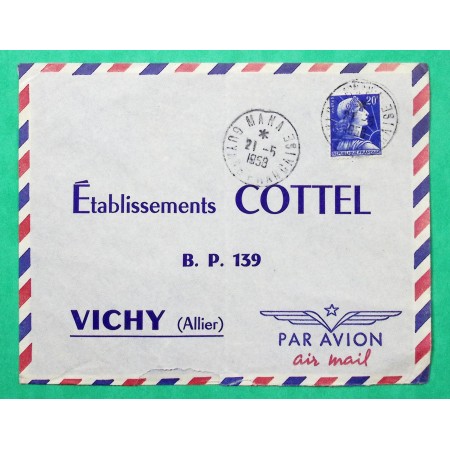 N°1011B MARIANNE MULLER LETTRE PAR AVION MANA GUYANE FRANCAISE POUR VICHY ALLIER 1958