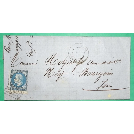 N°29 VARIETE PIQUAGE DECALE GC 2145 LYON VAISE POUR BOURGOIN JALLIEU ISERE 1867 LETTRE COVER FRANCE