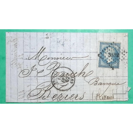 N°22 UTILISATION TARDIVE PETIT CHIFFRE 3432 TROYES AUBE 18 DECEMBRE 1862 POUR BEZIERS HERAULT LETTRE COVER FRANCE