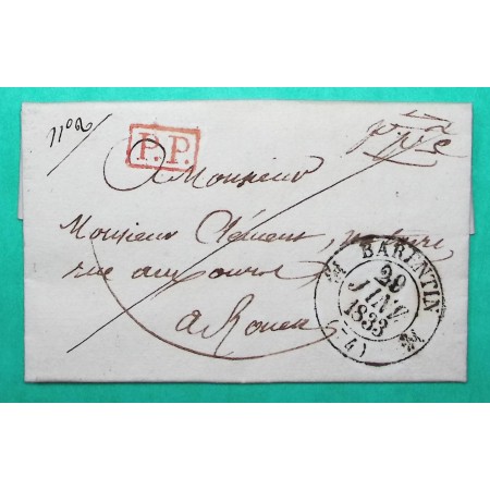 CAD TYPE 12 BARENTIN SEINE INFERIEURE PP PORT PAYE POUR ROUEN 1833