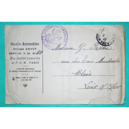 FRANCHISE MILITAIRE FM CONVOIS AUTOMOBILE 411ème SECTION ENVELOPPE ENTETE DIJON COTE D'OR POUR BLOIS LOIR ET CHER 1917 WW1
