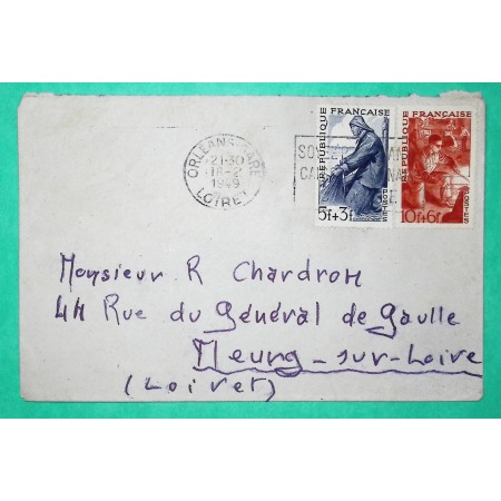 N°824 + 826 TIMBRES METIERS PECHEUR METALLURGISTE LETTRE ORLEANS LOIRET POUR MEUNG SUR LOIRE 1949