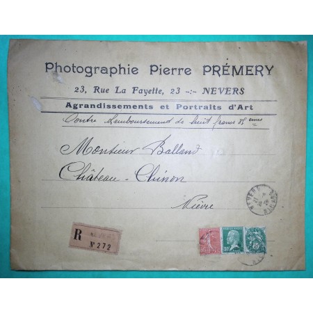 N°111 + 174 + 199 BLANC PASTEUR SEMEUSE ENVELOPPE PHOTO RECOMMANDE NEVERS NIEVRE POUR CHATEAU CHINON 1924