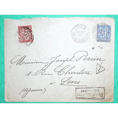 N°90 SAGE + TAXE DUVAL 30C ROUGE DEPART PARIS POUR SENS YONNE 1895 LETTRE COVER FRANCE