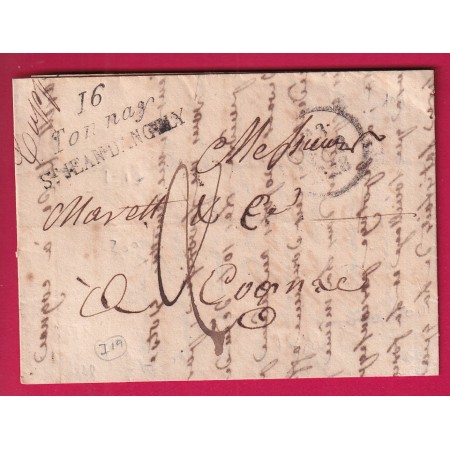 DOUBLE CURSIVE 16 TONNAY ST JEAN D'ANGELY CHARENTE INFERIEURE 1828 POUR COGNAC INDICE 19