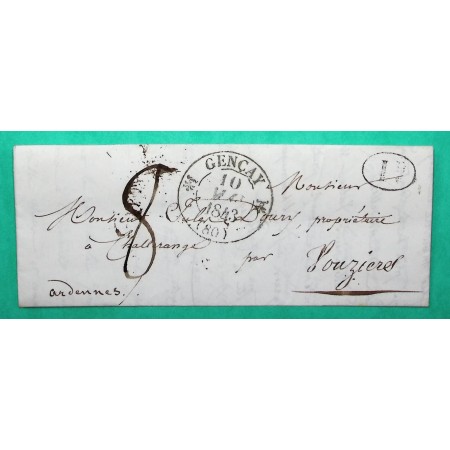 CAD TYPE 12 GENCAY VIENNE DECIME RURAL LA ROCHE FLEURE CURSIVE MONTHOIS ARDENNES EN ARRIVEE INDICE 18 1843