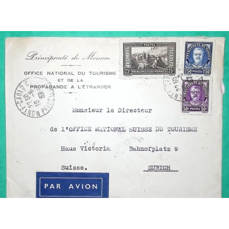 LETTRE PAR AVION MONACO OFFICE NATIONAL DU TOURISME ET DE LA PROPAGANDE A L'ETRANGER POUR ZURICH SUISSE 1937 COVER