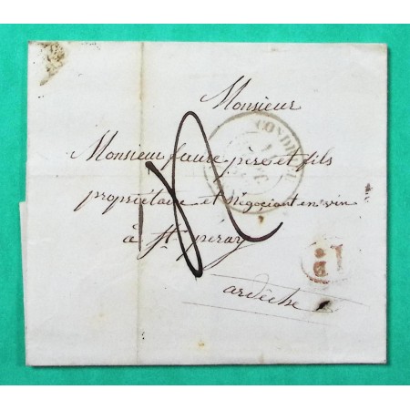 CAD TYPE 14 CONDRIEU RHONE DECIME RURAL AMPUIS POUR ST PERAY ARDECHE 1846