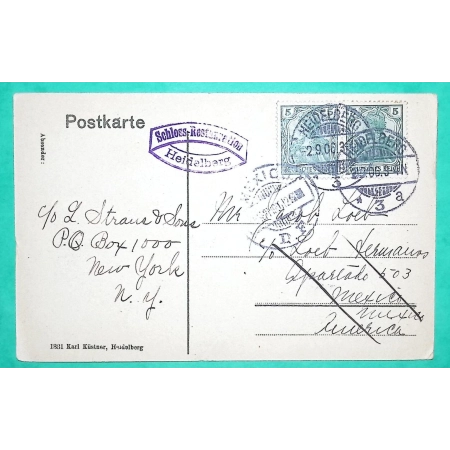 POST CARD HEIDELBERG DEUTSCHLAND STAMPS GERMANIA FOR MEXICO RESEND NEW YORK AMERICA USA 1906