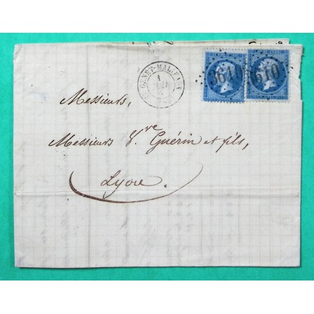 N°22 x2 GC 3610 ST GENET MALIFAUX LOIRE DOUBLE PORT POUR LYON RHONE 1864
