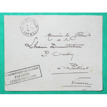 FRANCHISE MILITAIRE FM POSTE AUX ARMEES 600 ARMEE D'ORIENT LETTRE AVION TRANSPORTE EXCEPTIONNELLEMENT A TITRE DE PROPAGANDE 1933