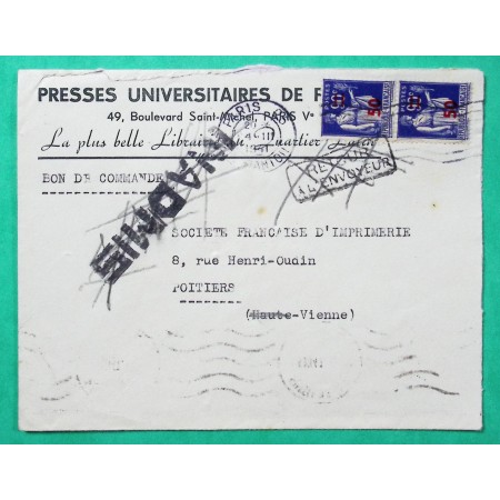 N°482 x2 PAIX SURCHARGE LETTRE PRESSES UNIVERSITAIRES DE PARIS POUR POITIERS GRIFFE INADMIS RETOUR ENVOYEUR 1941 WW2