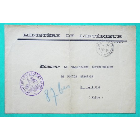 FRANCHISE MILITAIRE FM MINISTERE DE L'INTERIEUR SERVICE DE LA SURETE DE L'ARMEE POSTE AUX ARMEES 100 1940 WW2