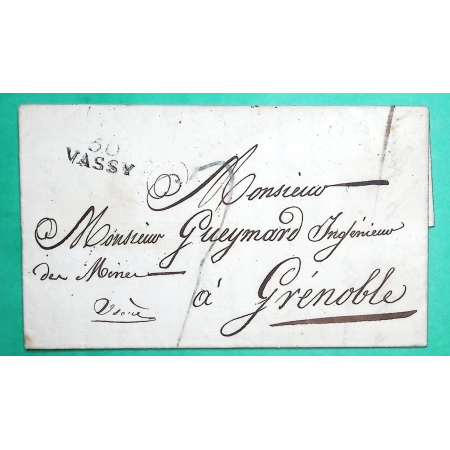 MARQUE 50 VASSY HAUTE MARNE DEPART MINE DE BROUSSEVAL POUR GRENOBLE ISERE 20x9 1826 LETTRE COVER FRANCE