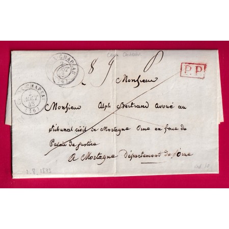 CAD TYPE 15 CROIX CHAPEAU CHARENTE INFERIEURE + PP ROUGE 1843 POUR MORTAGNE ORNE