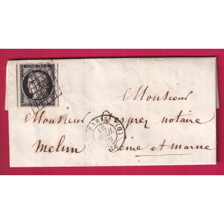 N°3 TTB SUP 2 VOISINS NOIR SUR BLANC GRILLE PARIS BUREAU D 18 AVRIL 1849 POUR MELUN SEINE ET MARNE