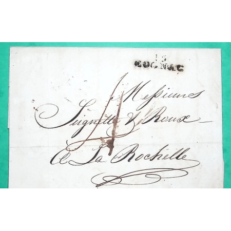 MARQUE 15 COGNAC CHARENTE POUR LA ROCHELLE CHARENTE INFERIEURE 27x11 1816 LETTRE COVER FRANCE