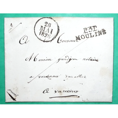MARQUE P3P MOULIN ALLIER PORT PAYE POUR VARENNES 29x10 1828 LETTRE COVER FRANCE