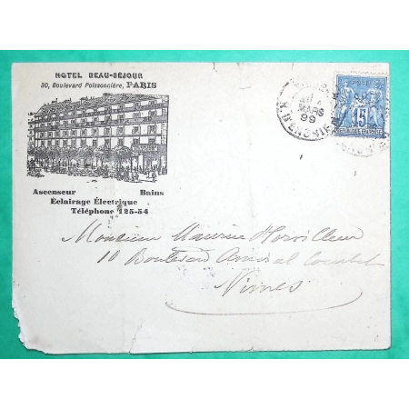 N°90 SAGE BELLE ENVELOPPE PUB HOTEL BEAU SEJOUR PARIS POUR NIMES GARD 1899 LETTRE COVER FRANCE