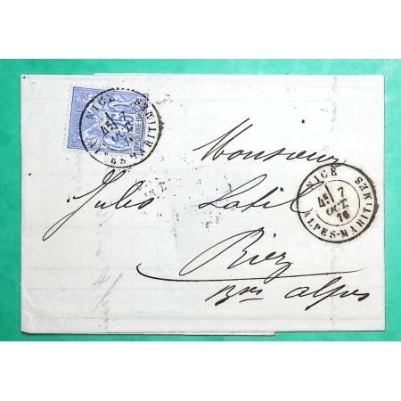 N°68 SAGE 25C OUTREMER TYPE I CAD TYPE 18 NICE + TIMBRE FISCAL 10C POUR RIEZ BASSES ALPES 1876 LETTRE COVER FRANCE