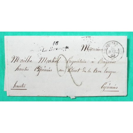 CURSIVE 16 LE BROUAGE CHARENTE INFERIEURE + CAD TYPE 15 ROCHEFORT SUR MER POUR BAGNERES DE BIGORRE HAUTES PYRENEES 1849