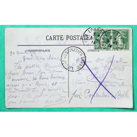 N°137 x2 SEMEUSE CARTE POSTALE LOURDES HAUTES PYRENEES POUR CHARLEVILLE ARDENNES LIEU DE DESTINATION ENVAHI 1914 WW1