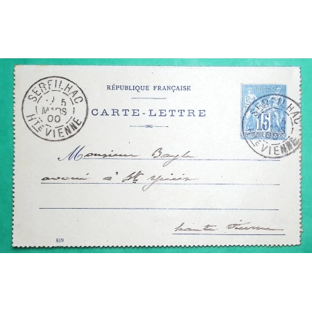 ENTIER SAGE 15C CARTE LETTRE CAD TYPE A SEREILHAC HAUTE VIENNE POUR ST YRIEIX 1900 COVER FRANCE