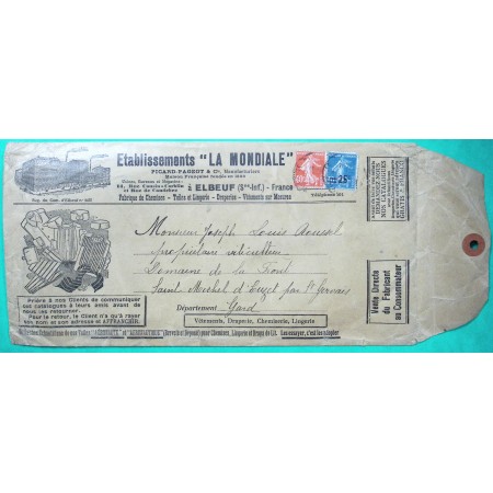 N°194 + 217 SEMEUSE SURCHARGE ENVELOPPE ECHANTILLON ILLUSTREE LA MONDIALE USINE VETEMENT ELBEUF SEINE INFERIEURE