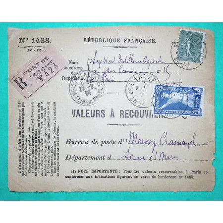 N°130 + 186 SEMEUSE JEUX OLYMPIQUES DEVANT DE LETTRE RECOMMANDE VALEURS A RECOUVRER 1924