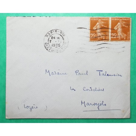 N°235 x2 SEMEUSE ANNULATION KRAG PARIS VIII DISTRIBUTION CURIOSITE CAR NORMALEMENT UTILISEE EN ARRIVEE 1935