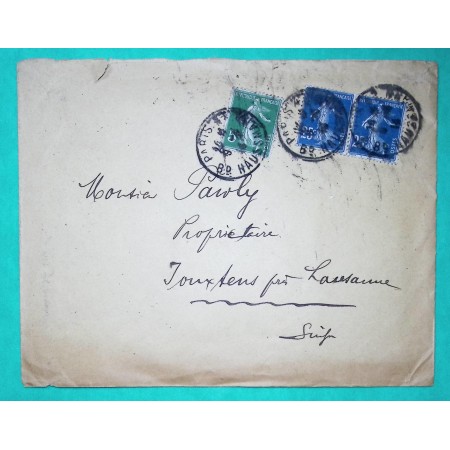 N°137 + 140 x2 SEMEUSE LETTRE PARIS DOUBLE PORT ETRANGER POUR JOUXTENS SUISSE 1914