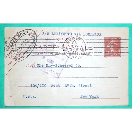 ENTIER CARTE POSTALE SEMEUSE 10C ROUGE PARIS POUR NEW YORK USA AMERICA BATEAU S/S LAFAYETTE VIA BORDEAUX CENSURE 1915