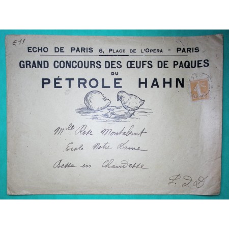 N°158 SEMEUSE ENVELOPPE PUB ILLUSTREE TARIF IMPRIME CONCOURS OEUFS DE PAQUES PETROLE HAHN POUSSIN