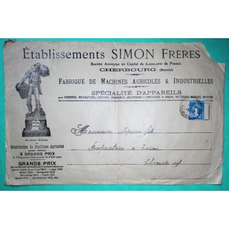 N°140 SEMEUSE PERFORE SF ETABLISSEMENTS SIMON FRERES CHERBOURG MANCHE ENVELOPPE ILLUSTREE
