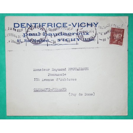 N°515 PETAIN HOURRIEZ ENVELOPPE ENTETE PUB DENTIFIRICE VICHY ALLIER POUR CLERMONT FERRAND PUY DE DOME 1942