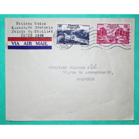 N°818 + 819 ASSEMBLEE GENERALE NATIONS UNIES 1948 LETTRE AVION PARIS POUR BORDEAUX GIRONDE