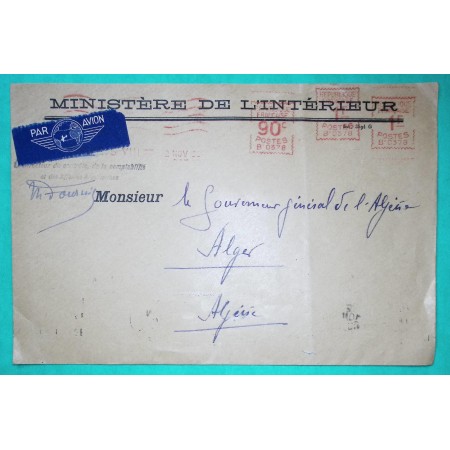 LETTRE PAR AVION MINISTERE DE L'INTERIEUR EMA MACHINE B PARIS 1F + 1F + 90C POUR ALGER ALGERIE 1938