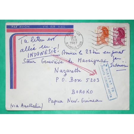 N°2182 + 2244 LIBERTE GANDON LETTRE POUR BOROKO PAPOUASIE NOUVELLE GUINEE ERREUR DESTINATION MISSENT TO JAKARTA INDONESIE 1987