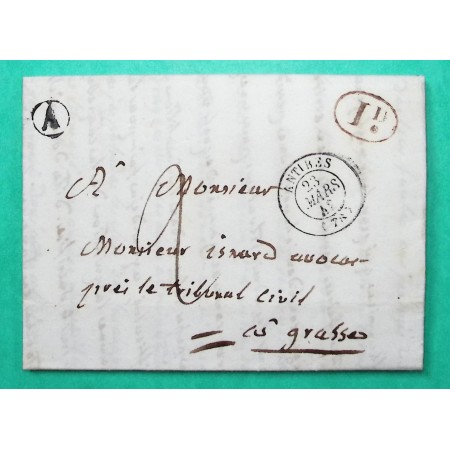 CAD TYPE 15 ANTIBES ALPES MARITIMES DECIME + BOITE RURALE A BIOT POUR GRASSE 1848