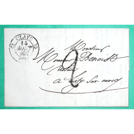 CAD TYPE 12 CLAYE SOUILLY SEINE ET MARNE TAXE TAMPON 2 TEXTE IMPRIME POUR LIZY SUR OURCQ CAD TYPE 11 VERSO 1832 FRANCE