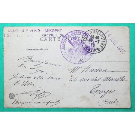 FRANCHISE MILITAIRE TRAIN SANITAIRE IMPROVISE LYON CARTE POSTALE POUR TROYES AUBE 1916 WW1