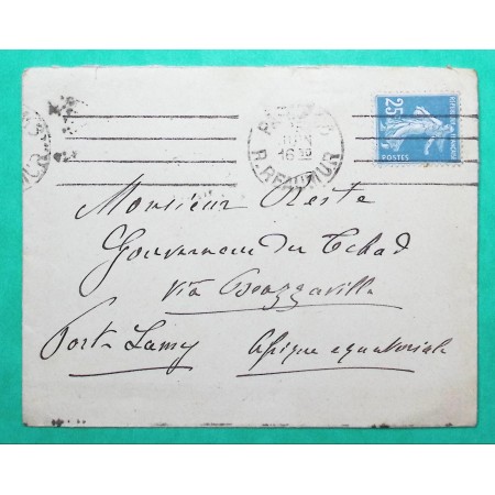 N°140 SEMEUSE LETTRE PARIS POUR GOUVERNEUR TCHAD BRAZZAVILLE AEF 1925
