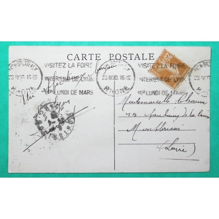 N°235 SEMEUSE CARTE POSTALE KRAG + VIGNETTE FOIRE INTERNATIONALE LYON 1930